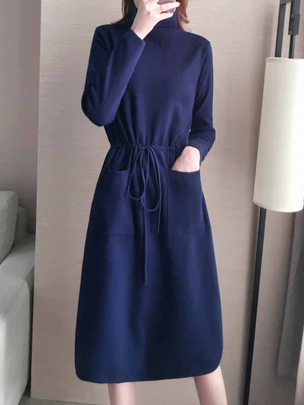 Navy Blue High Collar Tie Waist Midi Dress