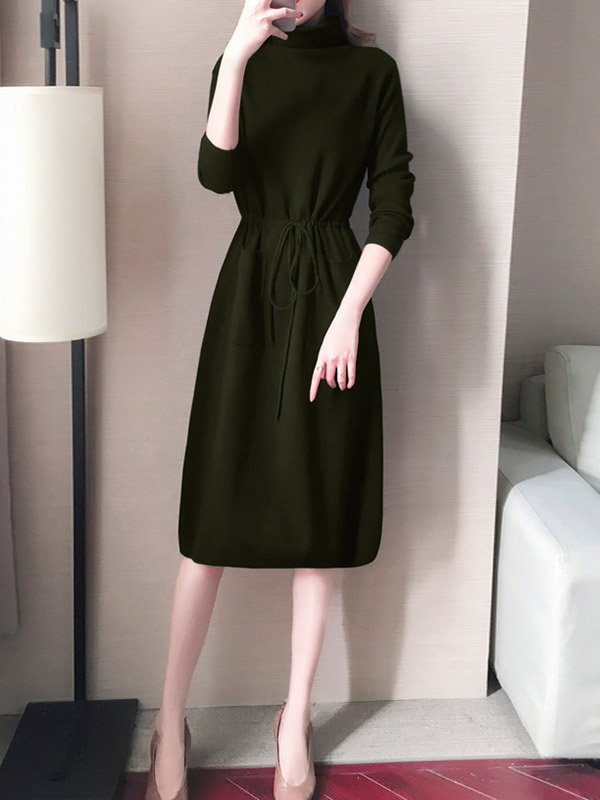 Army Green High Collar Tie Waist Midi Dress