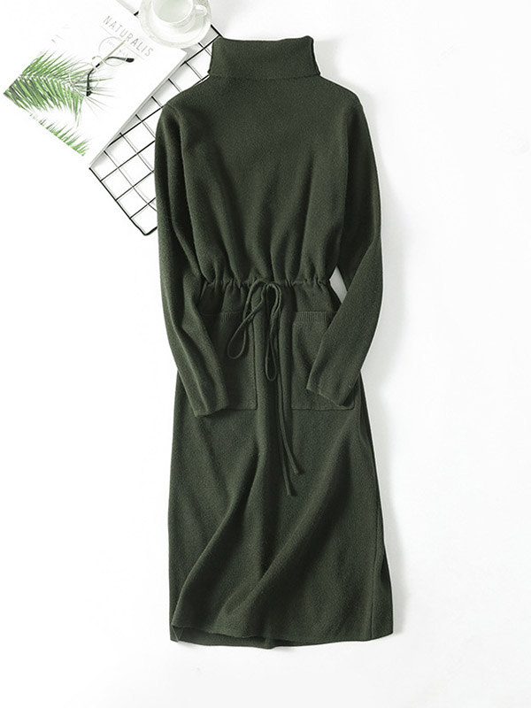 Army Green High Collar Tie Waist Midi Dress