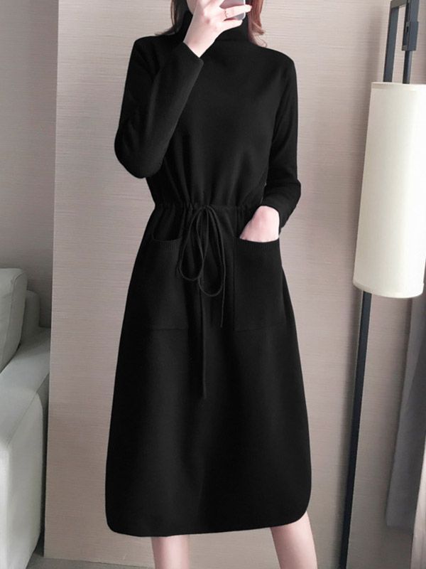 Black High Collar Tie Waist Midi Dress