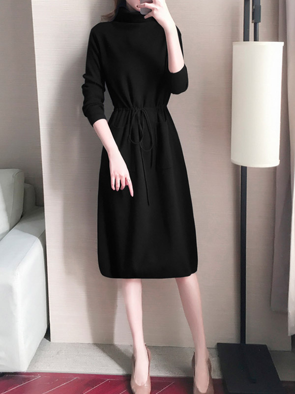 Black High Collar Tie Waist Midi Dress