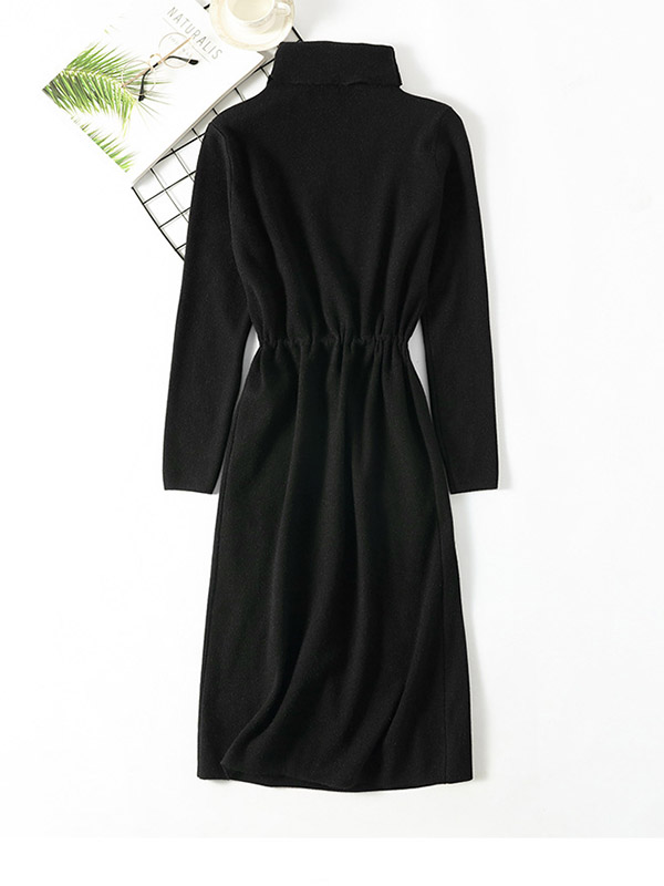 Black High Collar Tie Waist Midi Dress