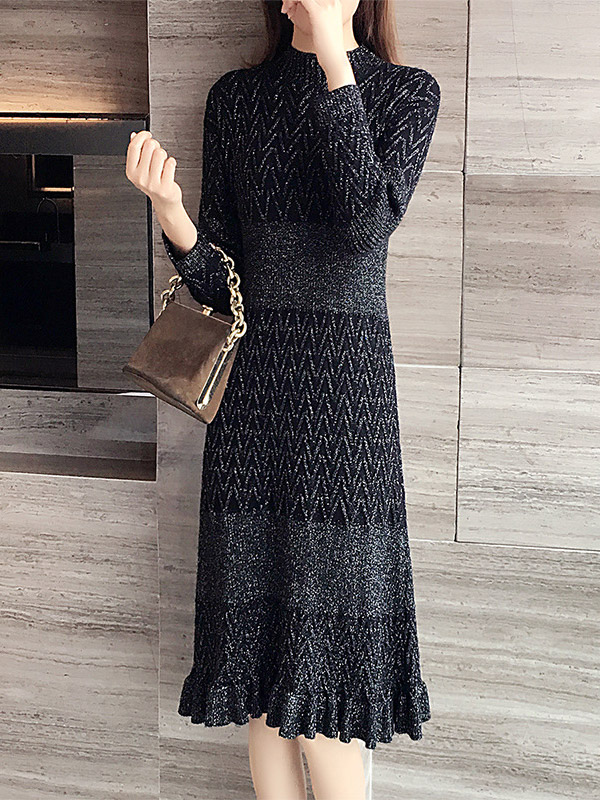 Black Stand Collar Ripple Knitted Midi Dress