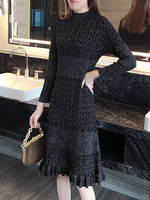 Black Stand Collar Ripple Knitted Midi Dress