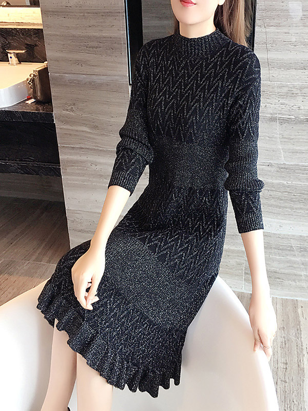 Black Stand Collar Ripple Knitted Midi Dress