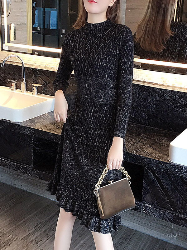 Black Stand Collar Ripple Knitted Midi Dress