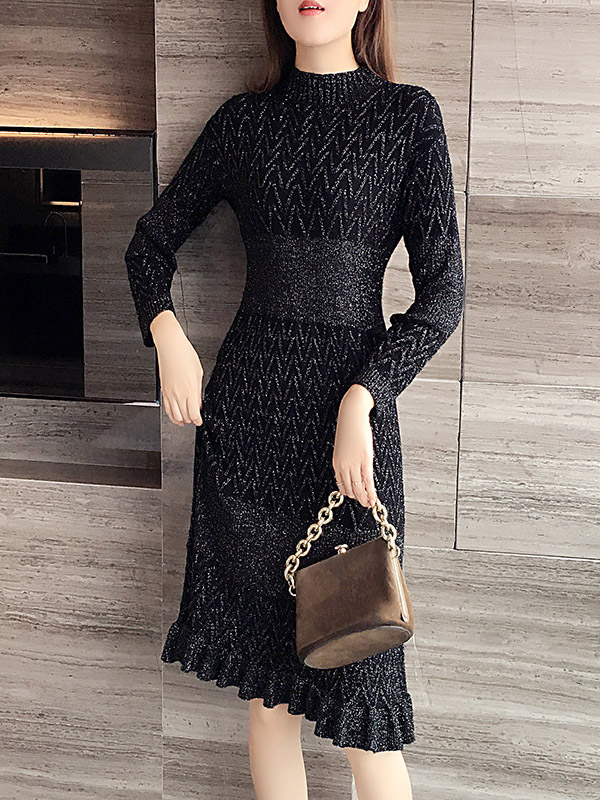 Black Stand Collar Ripple Knitted Midi Dress