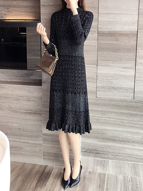 Black Stand Collar Ripple Knitted Midi Dress