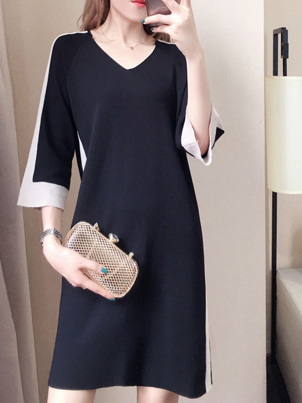 Black Color Block Knit Shift Dress