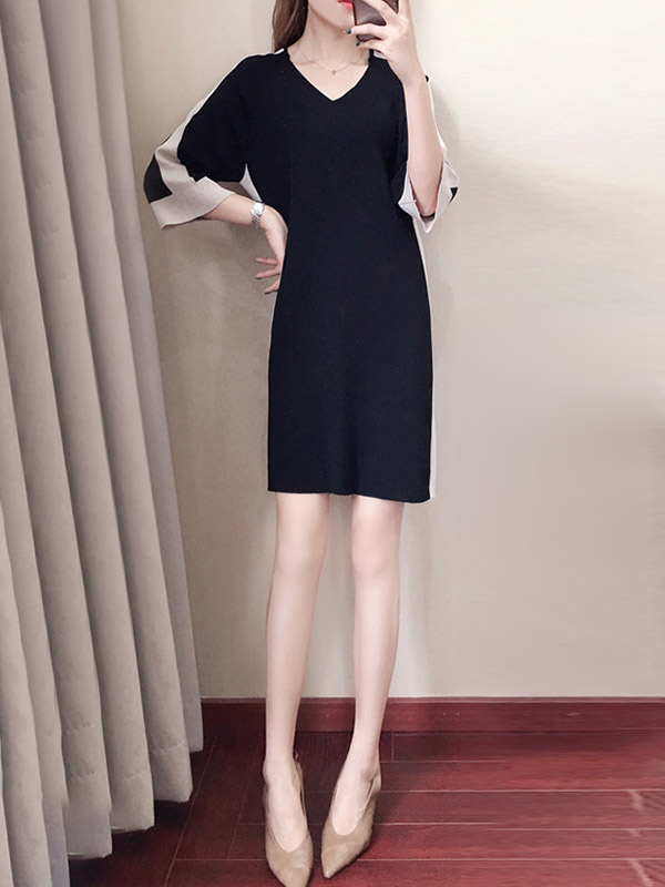 Black Color Block Knit Shift Dress