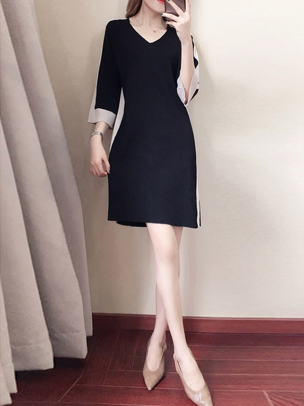 Black Color Block Knit Shift Dress