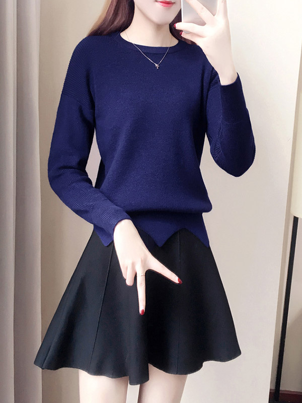 Navy Blue Notch Hem Knit Top with Black Skirt