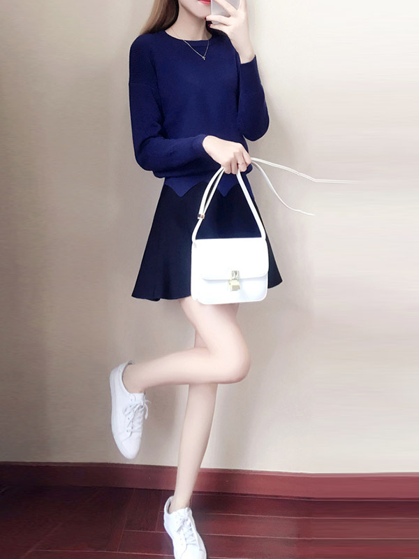 Navy Blue Notch Hem Knit Top with Black Skirt