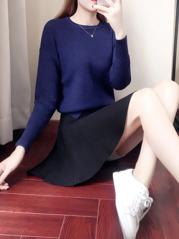 Navy Blue Notch Hem Knit Top with Black Skirt