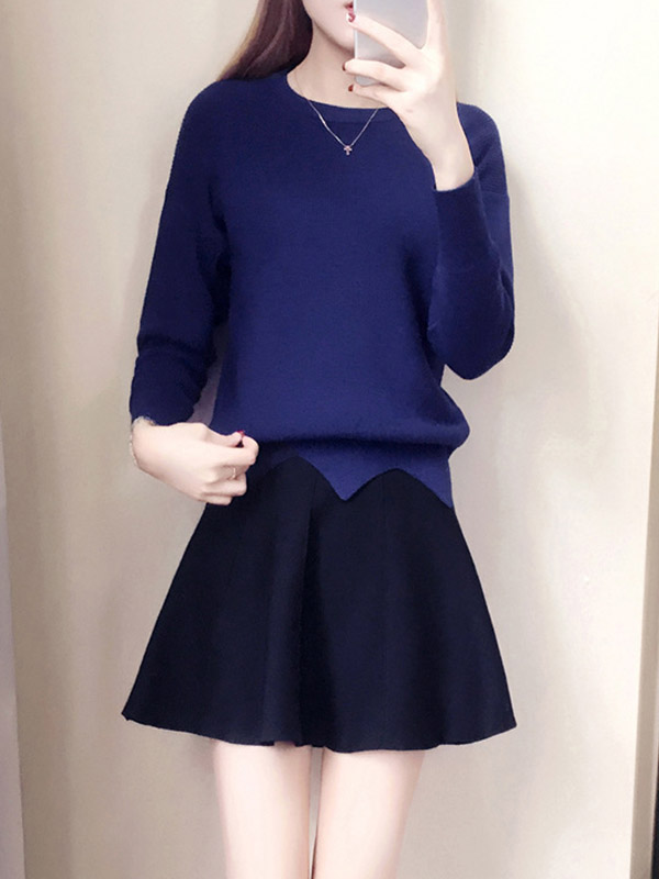 Navy Blue Notch Hem Knit Top with Black Skirt