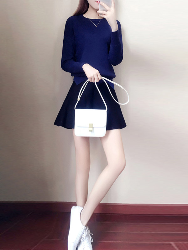 Navy Blue Notch Hem Knit Top with Black Skirt