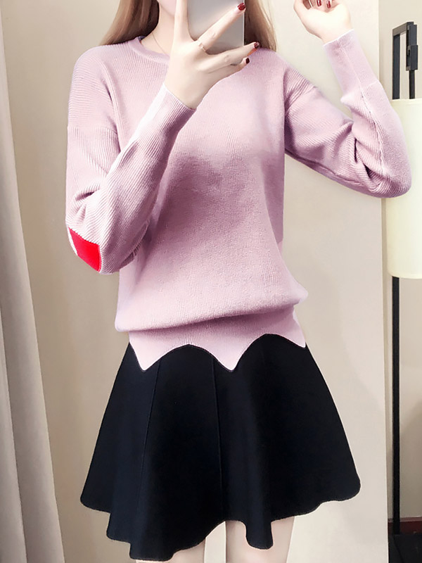 Pink Notch Hem Knit Top with Black Skirt