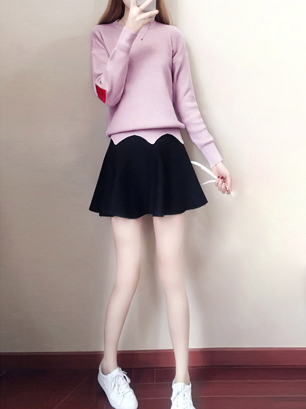 Pink Notch Hem Knit Top with Black Skirt