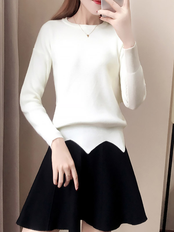 White Notch Hem Knit Top with Black Skirt