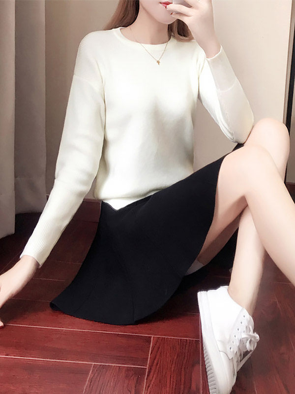 White Notch Hem Knit Top with Black Skirt