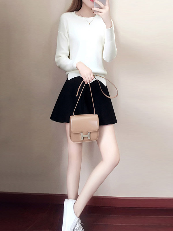 White Notch Hem Knit Top with Black Skirt