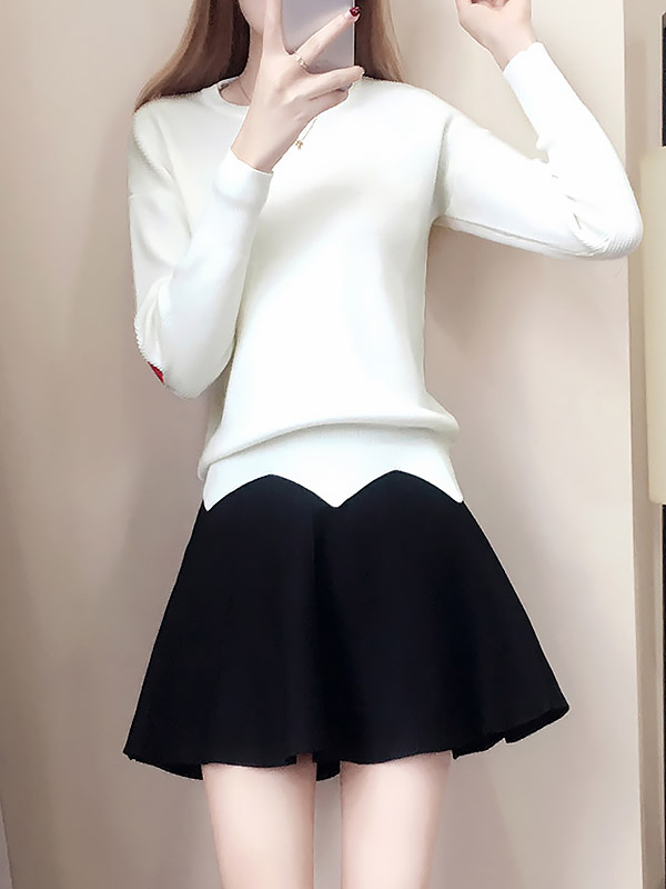 White Notch Hem Knit Top with Black Skirt