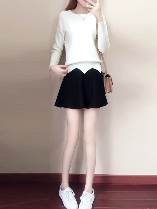 White Notch Hem Knit Top with Black Skirt