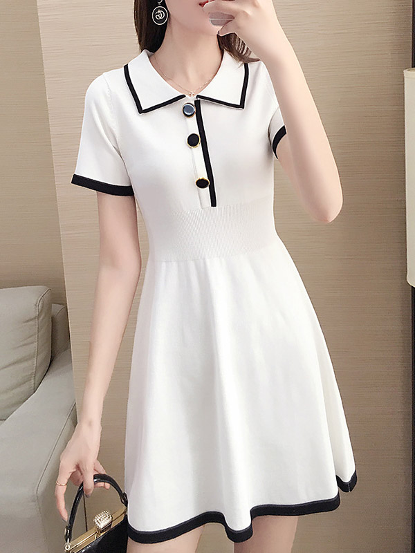 White Color Block Polo Knit Dress