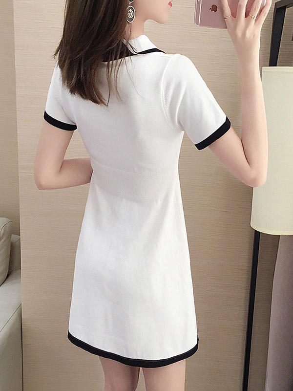 White Color Block Polo Knit Dress