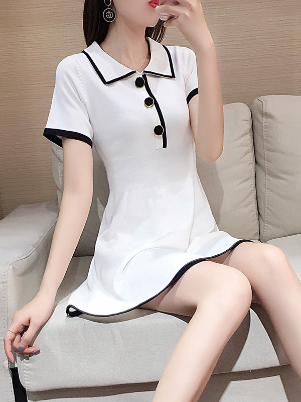 White Color Block Polo Knit Dress