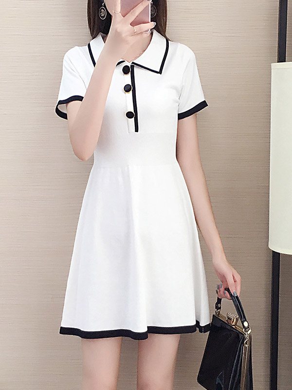 White Color Block Polo Knit Dress