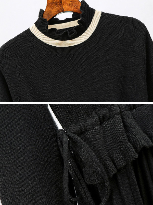 Black Knit Plated Dress in Ruffle Detail