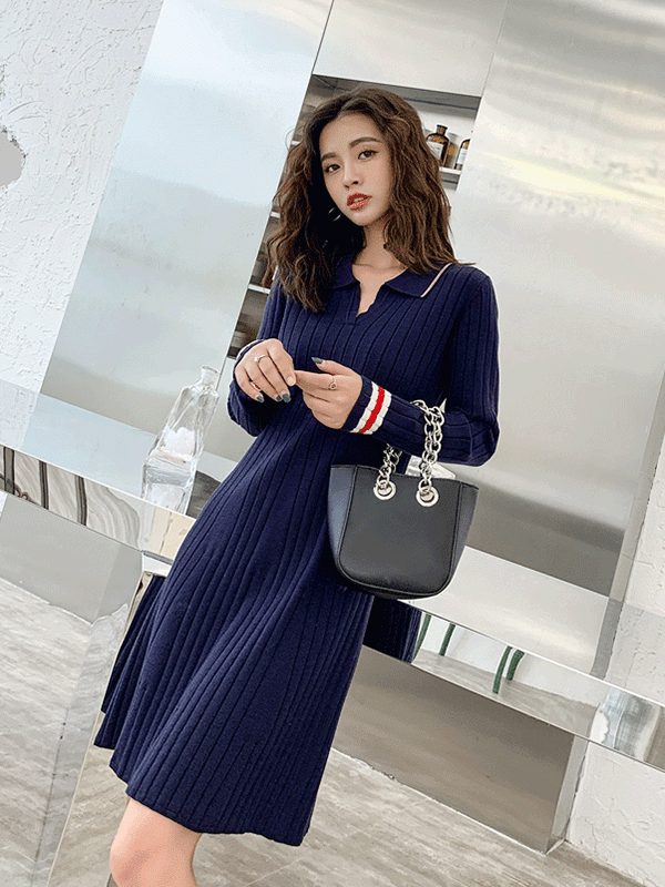 Navy Blue Point Collar Knit Dress in Stripe Detail