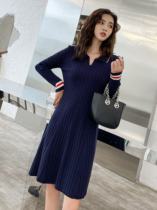 Navy Blue Point Collar Knit Dress in Stripe Detail