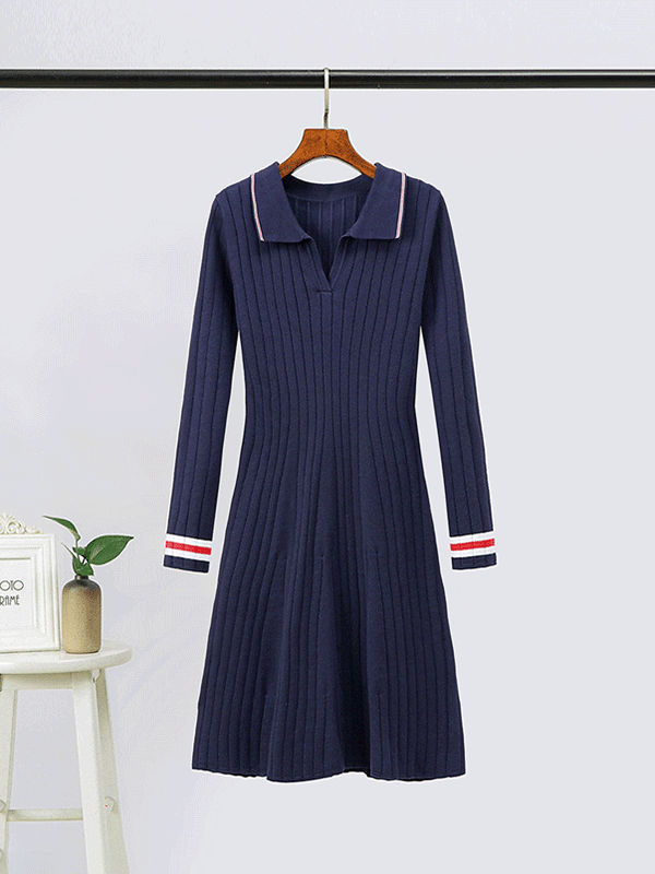 Navy Blue Point Collar Knit Dress in Stripe Detail