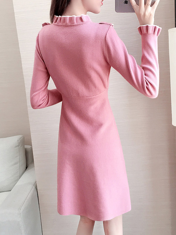 Pink Stand Collar Knit A-line Dress in Ruffle Detail