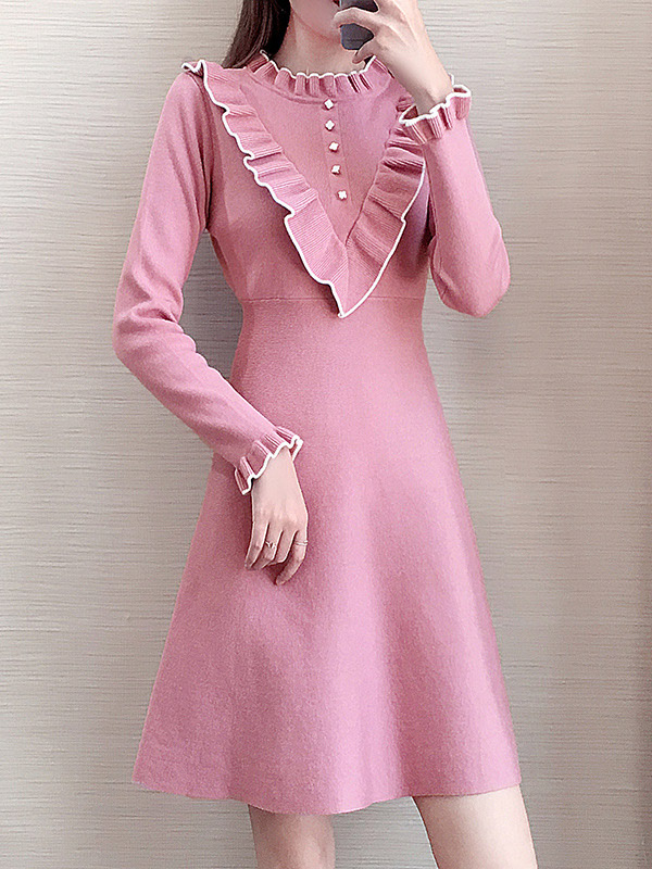 Pink Stand Collar Knit A-line Dress in Ruffle Detail