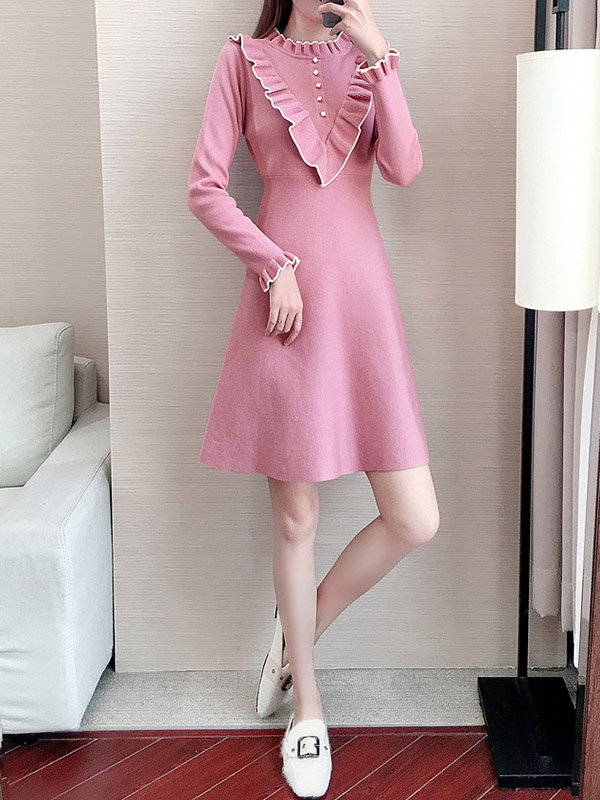 Pink Stand Collar Knit A-line Dress in Ruffle Detail