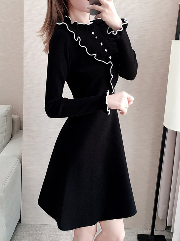 Black Stand Collar Knit A-line Dress in Ruffle Detail