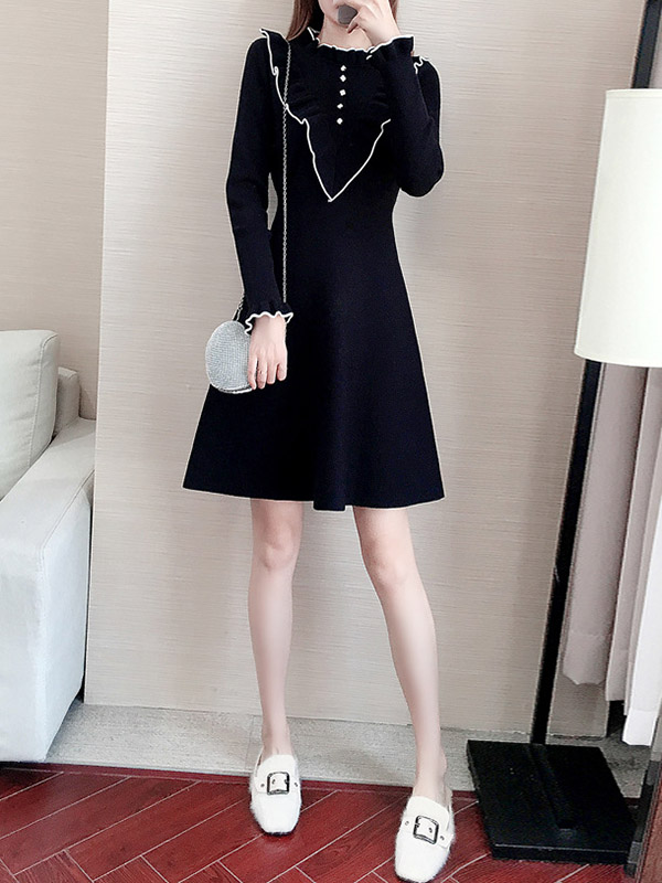 Black Stand Collar Knit A-line Dress in Ruffle Detail