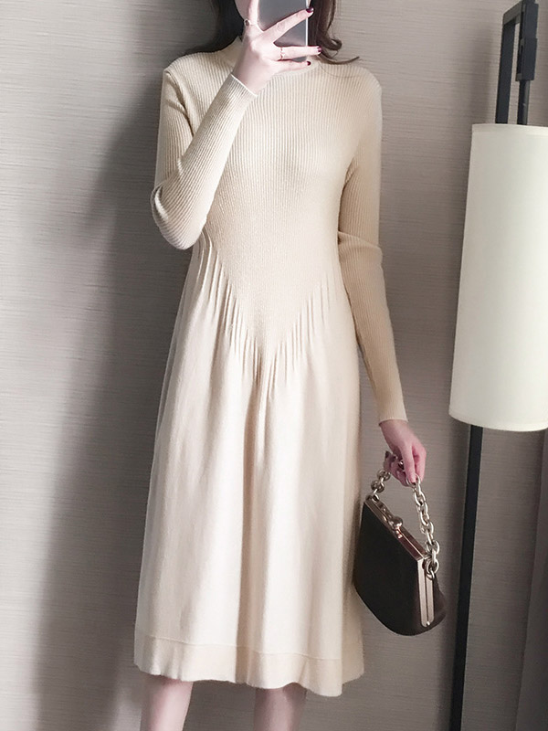 Beige Stand Collar Knit Dress in Tassel Detail