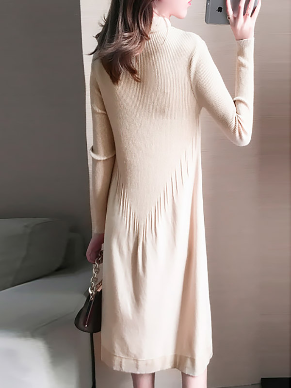 Beige Stand Collar Knit Dress in Tassel Detail