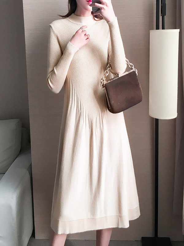 Beige Stand Collar Knit Dress in Tassel Detail