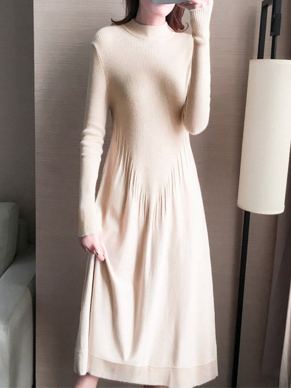 Beige Stand Collar Knit Dress in Tassel Detail