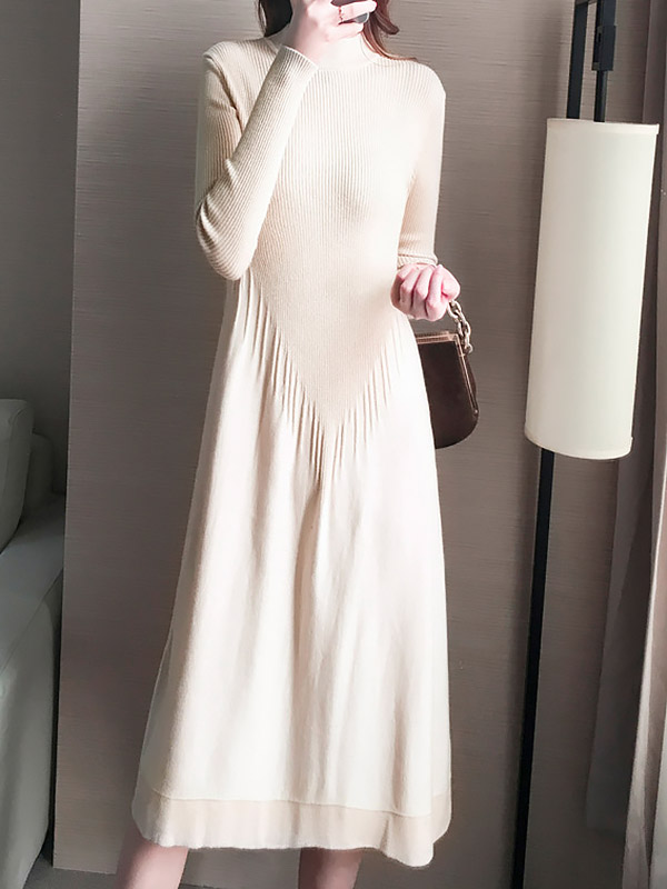 Beige Stand Collar Knit Dress in Tassel Detail