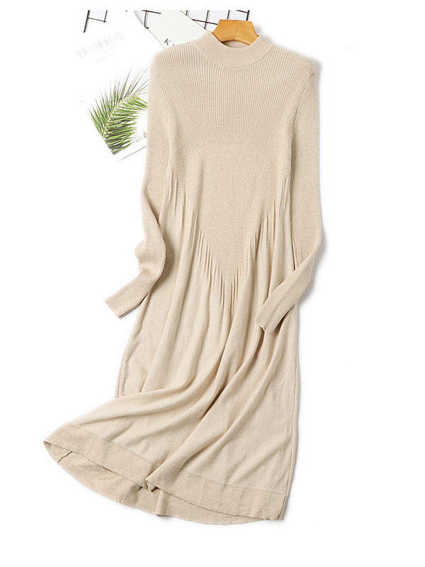 Beige Stand Collar Knit Dress in Tassel Detail