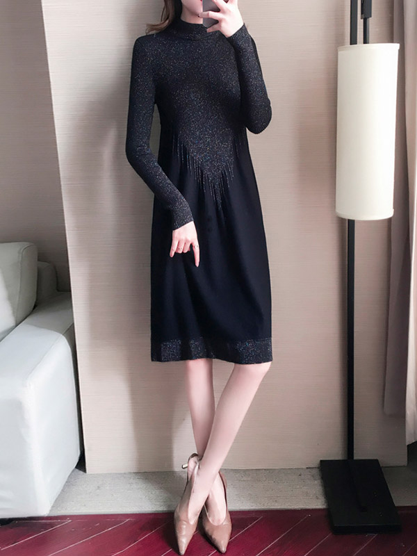 Black Stand Collar Knit Dress in Tassel Detail