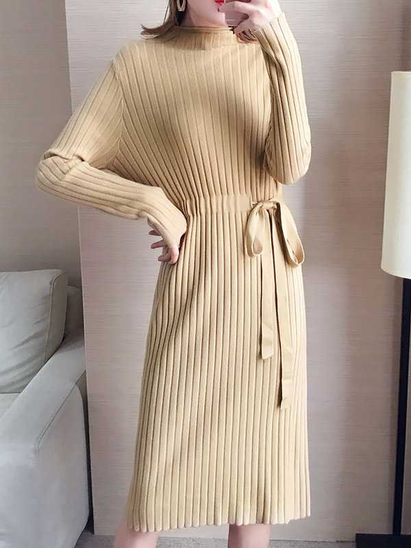 Khaki Stand Collar Tie Waist Knit Dress