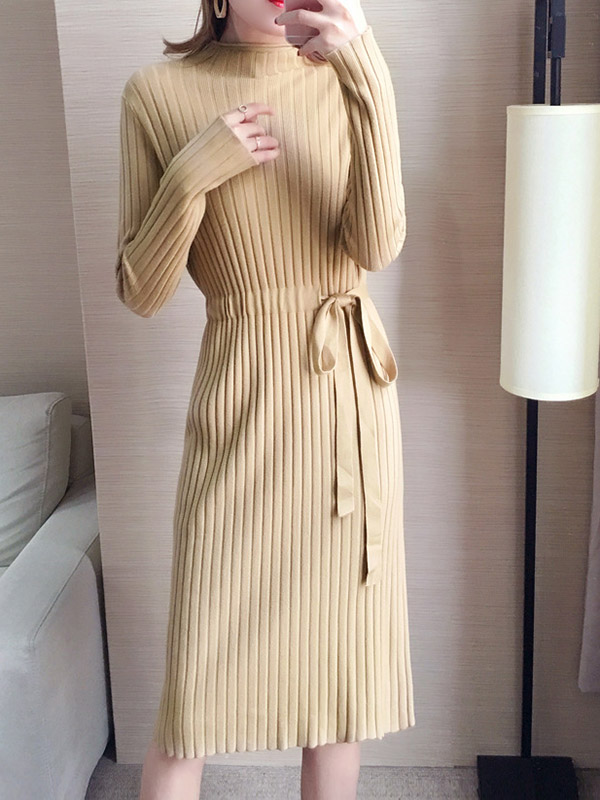 Khaki Stand Collar Tie Waist Knit Dress