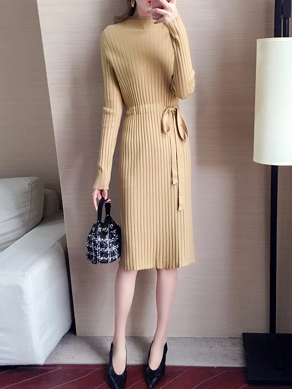 Khaki Stand Collar Tie Waist Knit Dress